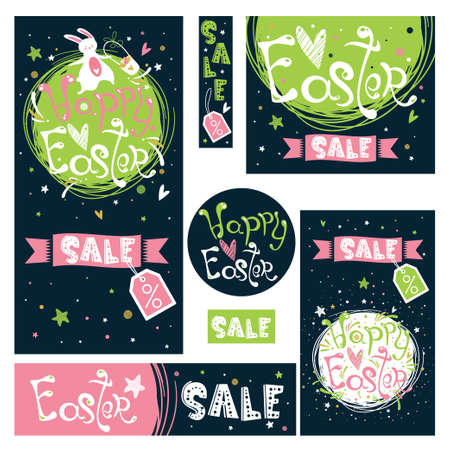 Easter Sale banner set with hand drawn text and Bunny in vector. Inspirational poster. Spring trendy background. Discount design. Circle, rectangular, square composition. Horizontal and vertical printのイラスト素材