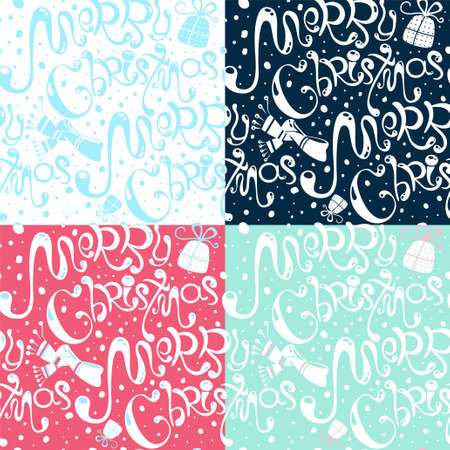 Set of four lovely cartoon Merry Christmas seamless patterns  with hand drawn text in vector. Template for wrapping paper, design, banner, print, different holiday accessories. Cute winter backgroundのイラスト素材