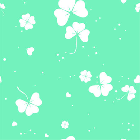 Abstract seamless pattern with white clover leafs on green background. Vector illustration. Template for apparel prints, fashion, textile design, web background, wrapping paper. Saint Patrick's Day holiday decorationのイラスト素材