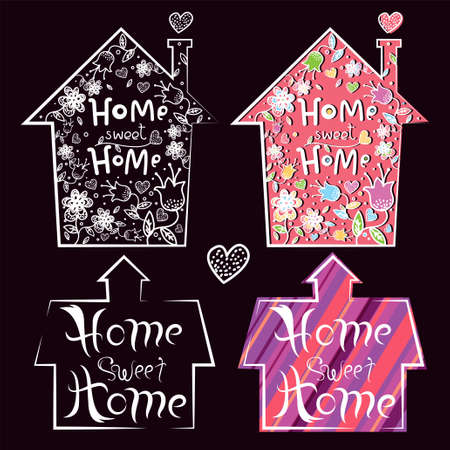 Home Sweet Home. Set of four house shaped banners with hand drawn lettering and floral cartoon elements. Vector illustration. Monochrome  and color versions.のイラスト素材