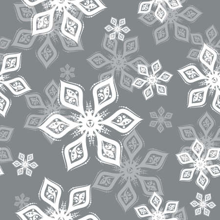 White and gray Snowflake seamless pattern on silver background. Vector holiday illustration for greeting card, decoration, sign, banner, Christmas accessories, wrapping paper, textile. Vintage styleのイラスト素材