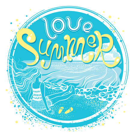 Love Summer. Young girl on the coast of sea. Quote print with hand drawn lettering. Romantic cute poster. Inspirational travel or tourism background. Vector seasonal illustration. Circle composition.のイラスト素材