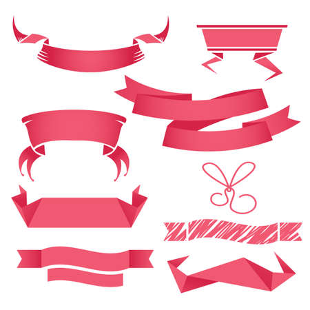Set of red ribbons isolated on white background. Vector illustrations in different styles for advertising, decoration, sale or gift emblems.のイラスト素材