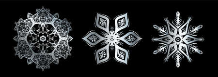 Snowflake set silhouette icon or emblem. Silver on black background. Vector holiday illustration for greeting card, decoration, sign, banner, Christmas accessories. Vintage styleのイラスト素材