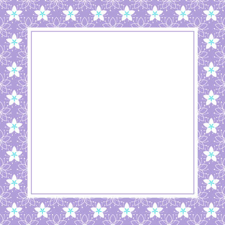 Lovely square scarf design with simple flowers. White and mint green on violet background. Line illustration for textile, fabric, greeting card, fashion. Vector floral backdrop with nature tuneのイラスト素材