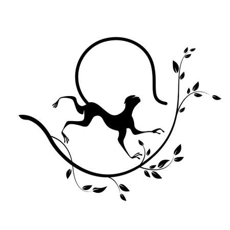 Silhouette of Monkey and branch. Animal cartoon vector illustration. Works well as icon, print, emblem, poster, insignia, label, tattoo or Chinese calendar elementのイラスト素材
