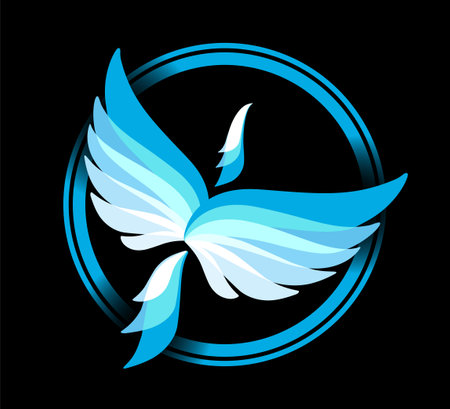 Circle frame with flying blue Phoenix icon. Ice and snow. Eagle, falcon vector image. Bird emblem, print or mascotのイラスト素材