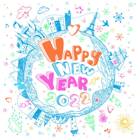 Multicolored hand drawn doodle Earth globe poster with castle, ship, cities, stars on white background. Cute childish cartoon illustration. Merry Christmas vector greeting card. Happy New Year 2022のイラスト素材