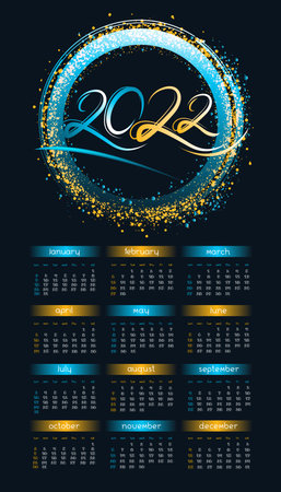 2022 year vertical calendar with neon circle frame with golden and blue glow on black background. Vector glitter design background for business organizer, poster.のイラスト素材
