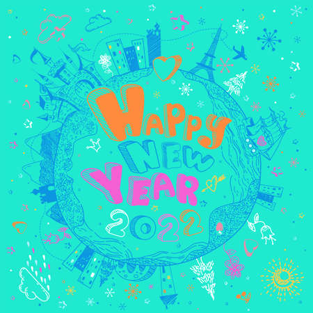 Multicolored hand drawn doodle Earth globe poster with castle, ship, cities, stars  on black background. Cute childish cartoon illustration. Merry Christmas vector greeting card. Happy New Year 2022のイラスト素材