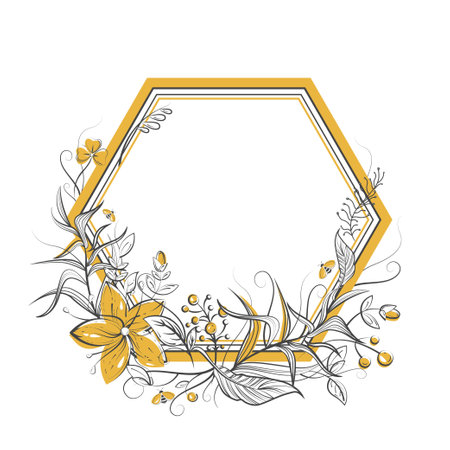 Honey label concept. Honeycomb frame with flowers, bee, leaf, berry and copy space. Black, golden and white doodle vector illustration. Also template for wedding or birthday card, eco poster, decor, package print, beekeeping design element. Elegant line artのイラスト素材