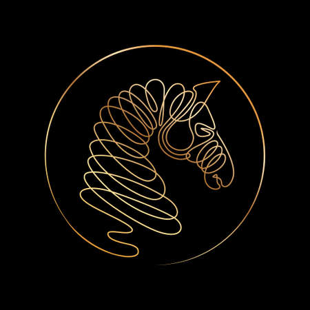 Horse head one line icon. Golden contour on black background. Animal illustration in minimalistic style. Vector single line art for emblem, icon, apparel print, textile, modern decorのイラスト素材