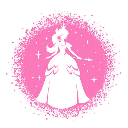 Princess silhouette standing in beautiful dress with magic wand. Pink circle frame background with sparkles. Charming fairy tale girl. Cartoon character vector illustration. Fantasy book or child accessories design element, apparel print, nurcery.のイラスト素材