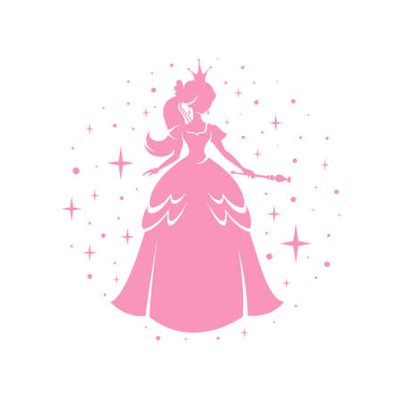 Princess silhouette standing in beautiful dress with magic wand. Circle frame background with pink dots and sparkles. Charming fairy tale girl. Cartoon character vector illustration. Fantasy book or child accessories design element, apparel print, nursery.のイラスト素材