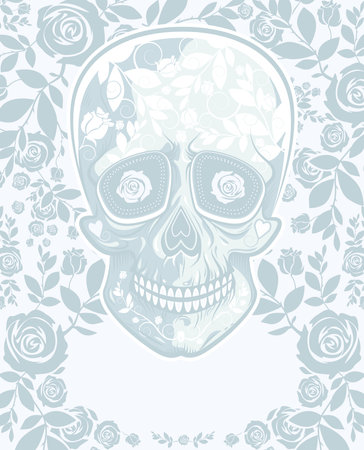 Vector Skull ornated by floral elements and hearts. Gray background with flowers of roses pattern and copy space for text. Template for Day Of The Dead and Halloween design, print, banner, posterのイラスト素材