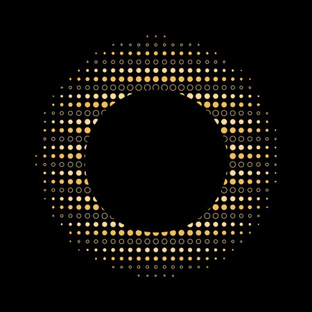 Golden Dust Dots circle frame. Abstract glitter background with dots and sparkles on black. Copy space for textのイラスト素材