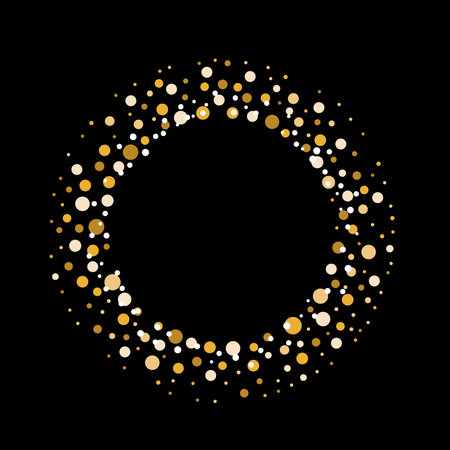 Golden Dust Dots circle frame. Abstract glitter background with dots and sparkles on black. Copy space for textのイラスト素材