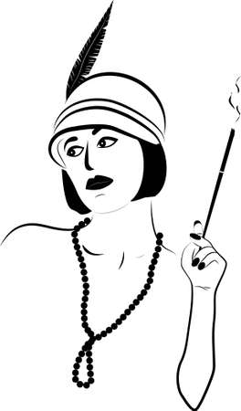 Girl with a cigar in a mouthpiece in a hat with a feather in the style of the 30s with beads. The lady looks to the side with an unsatisfied look. Bob hairstyle. The style of the great Gatsby. Linear retro portrait. Good for posterのイラスト素材