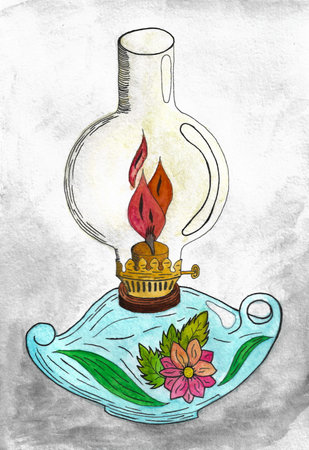 Lamp with fire and light from it. Drawn by hand with watercolor in a fabulous design. Perfect element for postcardsの写真素材