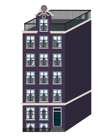 Illustration of the facade of a house and a roof terrace in the city with windows and curtainsのイラスト素材