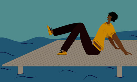 a man rests on the pier near the pond and enjoys the pleasant atmosphereのイラスト素材