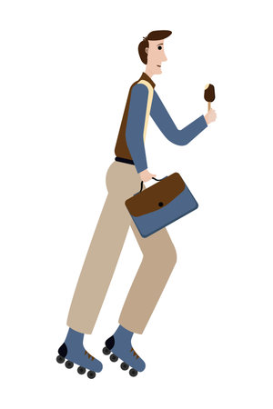 male worker rides on roller skates after a working day and eats ice creamのイラスト素材