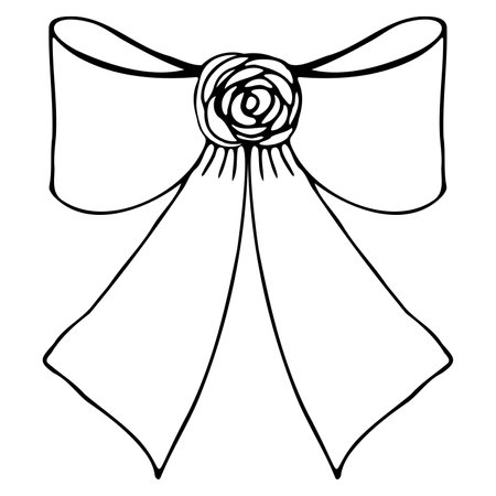 Vector bow brooch with rosette in doodle style linear black isolatedのイラスト素材