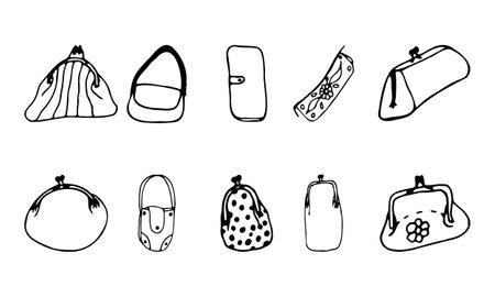 set of vector vintage ladies bags in doodle style in black color on a white background âのイラスト素材