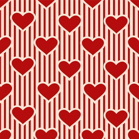 seamless pattern of hearts on a striped retro background in red and cream colorsのイラスト素材