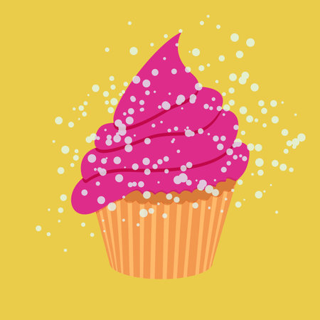 Cupcake in a basket with cream illustration on yellow background