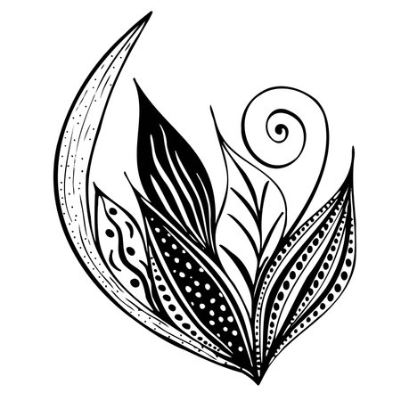 abstract vector flower with leaves in black line in doodle styleのイラスト素材
