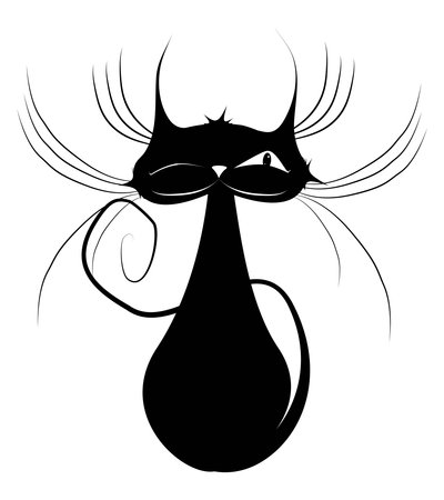 Black silhouette of a cat with glasses on a white background. Vector illustrationのイラスト素材
