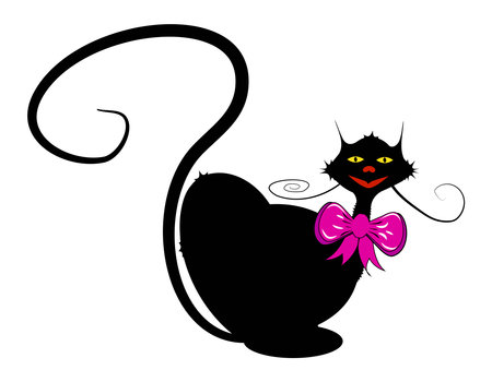 Black cat with a pink bow on a white background, vector illustrationのイラスト素材