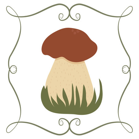 Boletus mushroom in a frame of twisted linear green elementsのイラスト素材