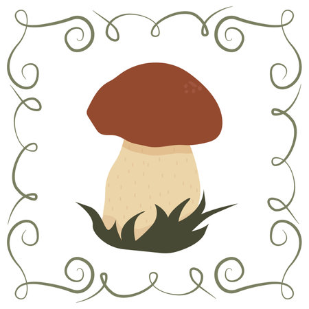 Vector boletus mushroom in a frame of twisted linear elementsのイラスト素材