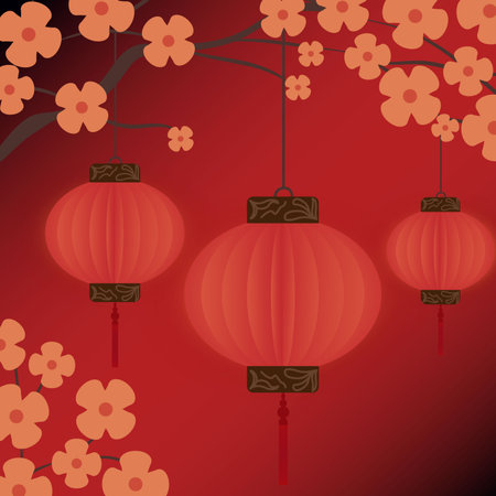 Chinese lanterns hang from cherry trees to celebrate the Lunar New Yearのイラスト素材