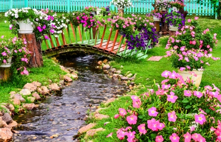 Spring flowers in  garden with a pond の写真素材