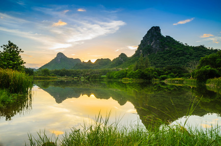Landscape river and mountain with blue sky sunsetの写真素材