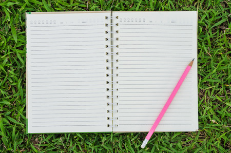 open blank book on artificial green grassの写真素材