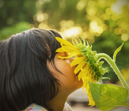 children with sunflower in natureの写真素材