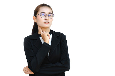 portrait of asian businesswoman isolated on white background and Bespectacled with thoughtfulの写真素材