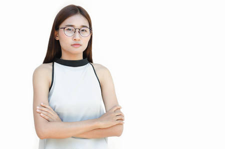 beautiful woman isolated on white with Bespectacledの写真素材