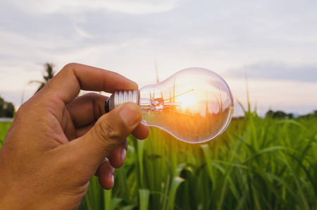 hand hold light bulb and sunset power energy conceptの写真素材