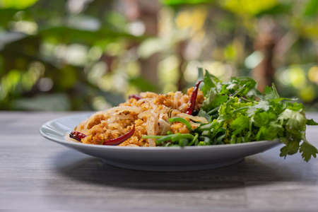 pork, shredded and salted with vegetable on dish, thai foodの写真素材