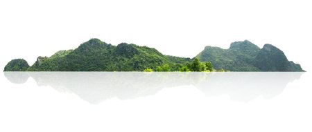 rock mountain hill with green forest isolate on white backgroundの写真素材