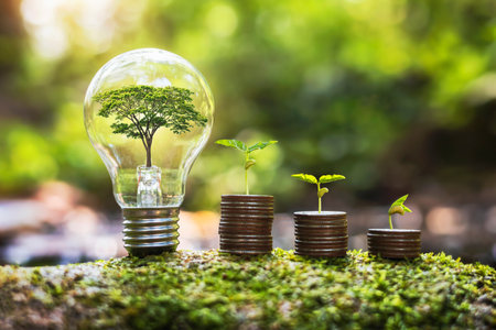 tree growing in ligthbulb with plant growth on money in nature. concept energy and businessの写真素材