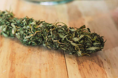 close up cannabis dry on table backgroundの写真素材