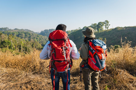 traveler couple with backpack standing looking view on mountain