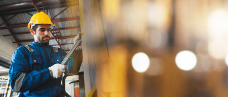 worker man checking and using wrench for maintenance metal machine at factoryの写真素材