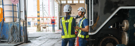 Engineer with worker talking together at factoryの写真素材